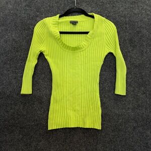 Vintage American Attitudes Lime Green Ribbed Scoop Neck Sweater M 3/4 Sleeve